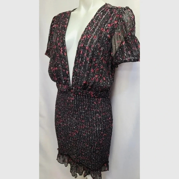 Free People Baby Love Smocked Floral Print Dress Black Red Silver Metallic Large - Picture 6 of 16